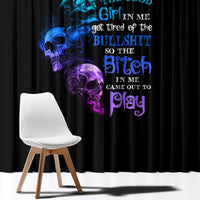 Black window curtain with blue and purple skull text graphic panel