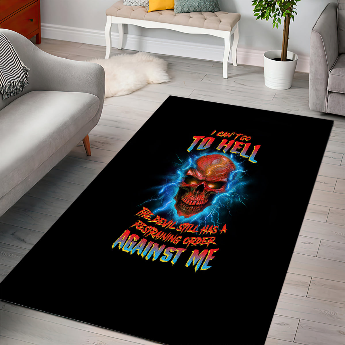 Black area rug with multicolor skull graphic, lightning effects, and bold text design