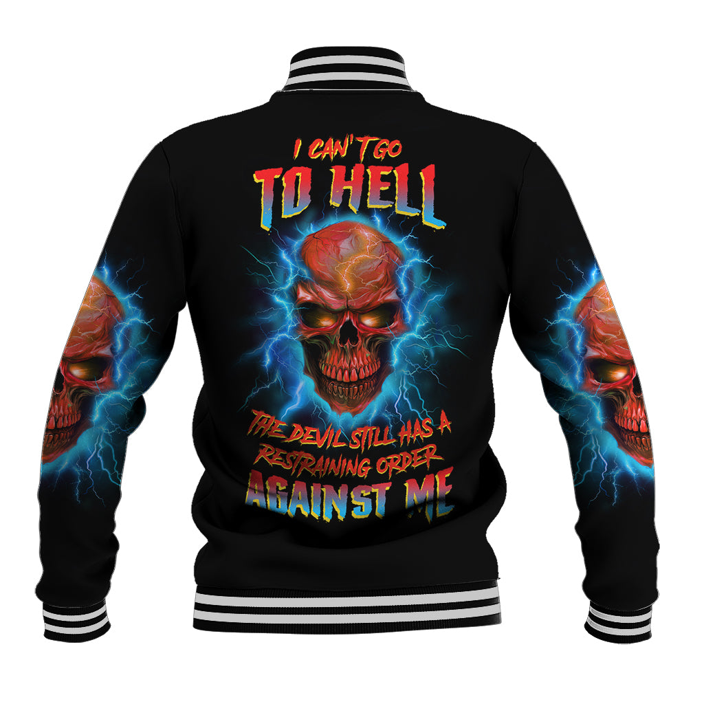 Black unisex baseball jacket back skull graphic with 'I CAN'T GO TO HELL' text