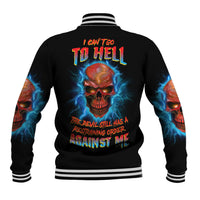 Black unisex baseball jacket back skull graphic with 'I CAN'T GO TO HELL' text