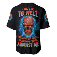 Black baseball jersey with back text and red skull, blue electric lightning art