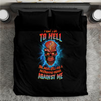 Black duvet cover set with flaming skull graphic centered, two matching pillowcases