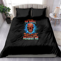 Black bedding set with flaming skull graphic and 'TO HELL' text on duvet and pillows