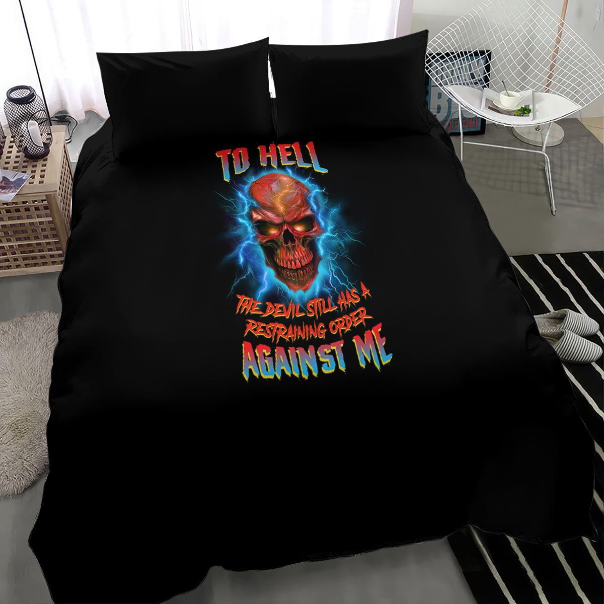 Black bedding set with colorful skull print and 'AGAINST ME' text, duvet and pillows