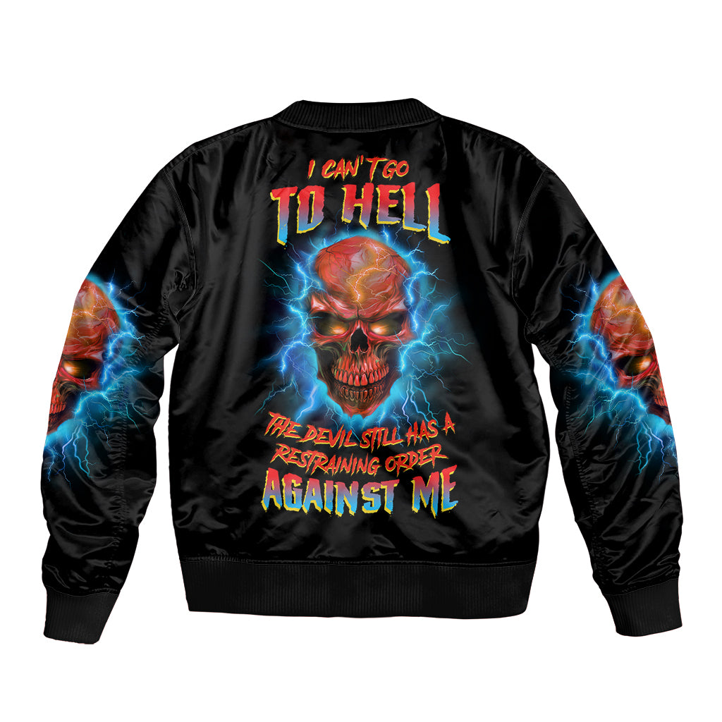 Unisex black bomber jacket with back skull graphic, red text, and blue lightning