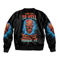 Unisex black bomber jacket with back skull graphic, red text, and blue lightning