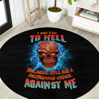 Black round carpet with skull graphic, electric blue lightning, and 'TO HELL' text