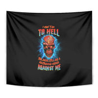 Black tapestry close-up with colorful skull graphic and blue flames