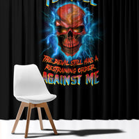 Black window curtain panels with multicolor skull and blue lightning graphic