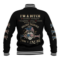 Black baseball jacket with striped rib collar, snap front, and large back character graphic