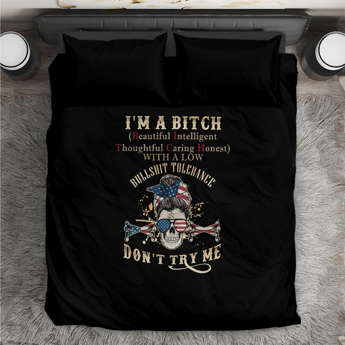 Black duvet cover bedding set with two square pillows, skull and crossbones artwork