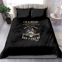 Black bedding set with two pillows and bold skull graphic and slogan
