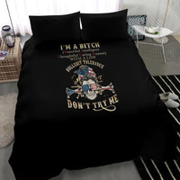 Black bedding set with two pillows featuring skull graphic and 'DON'T TRY ME' text