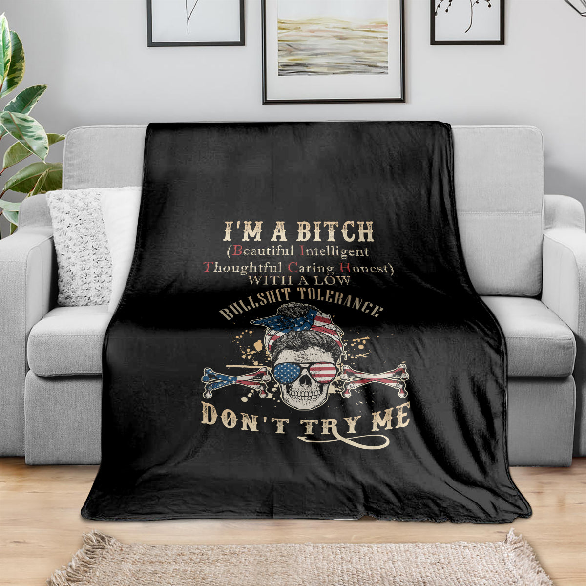 Black blanket with skull-and-crossbones graphic and 'Don't Try Me' text