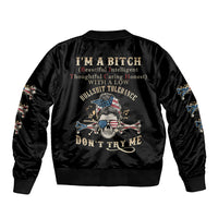 Black satin unisex bomber jacket with large back graphic and skull face