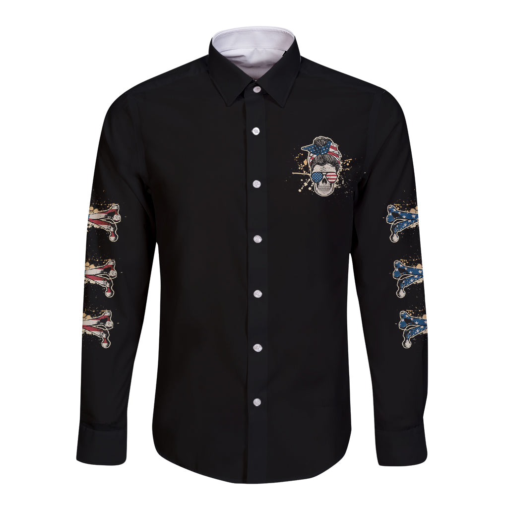 Black long-sleeve button shirt with multicolor front chest and sleeve graphic print