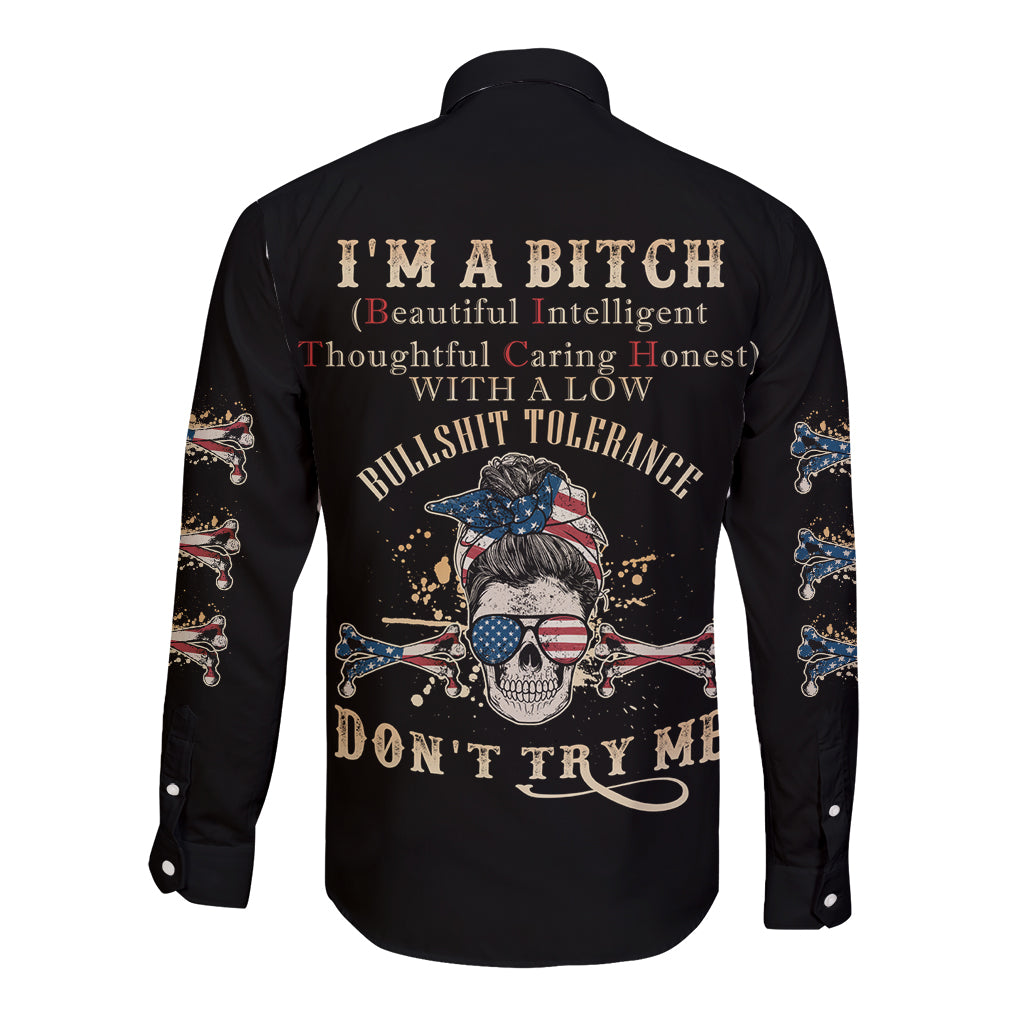 Black long-sleeve button shirt, large multicolor back graphic with text design
