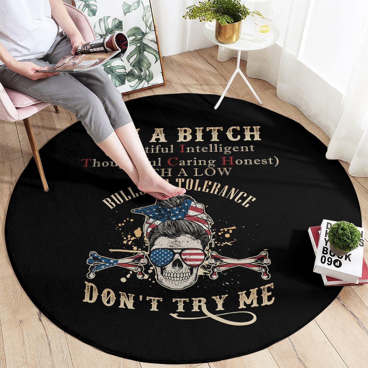 Black round carpet with skull graphic and large centered text, "Don't Try Me"