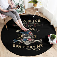Black round carpet with skull graphic and large centered text, "Don't Try Me"