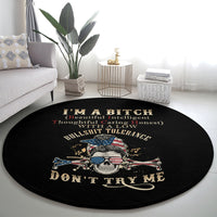 Black round carpet with skull graphic and stacked slogan text, ending with "Don't Try Me"