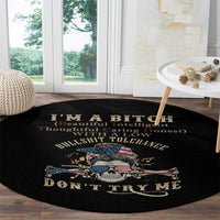 Black round carpet with gold lettering, blue/red skull image, and "Don't Try Me"