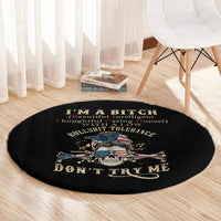 Black round carpet with centered skull graphic and "Don't Try Me" wording