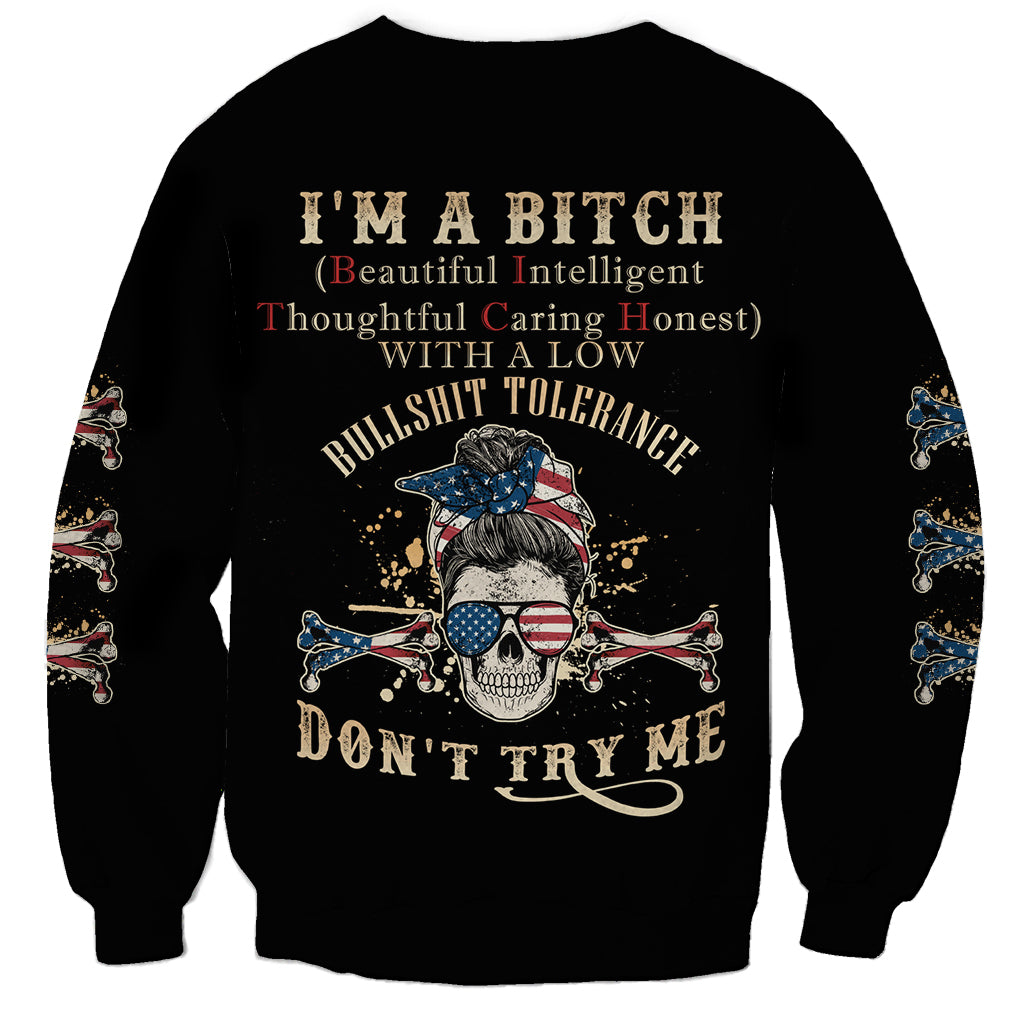 Unisex black crewneck sweatshirt with large multicolor skull and text graphic on back