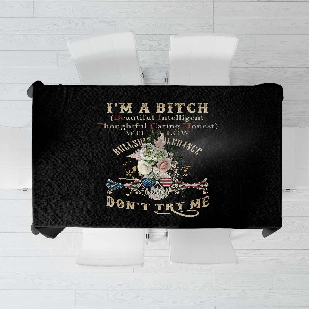 Black printed tablecloth with 'DON'T TRY ME' text and decorative crest graphic