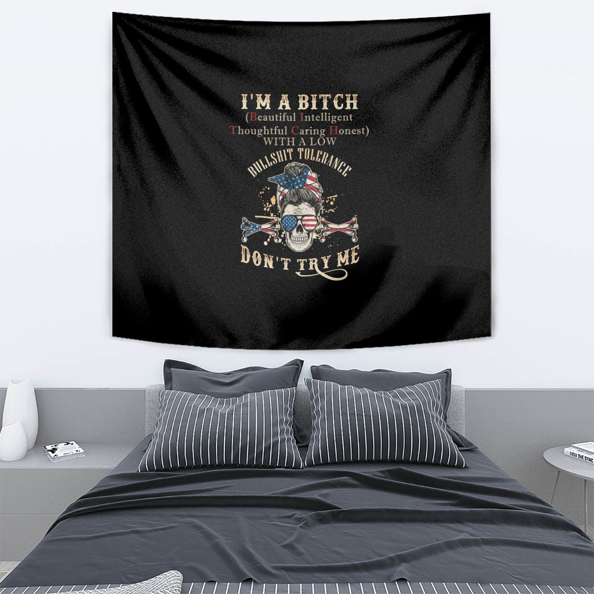 Black wall tapestry with skull illustration and DONT TRY ME text graphic
