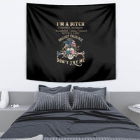 Black wall tapestry with skull illustration and DONT TRY ME text graphic