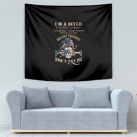 Black wall tapestry featuring skull illustration with DONT TRY ME text graphic