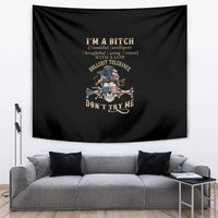 Black wall tapestry with centered skull illustration and DONT TRY ME text graphic