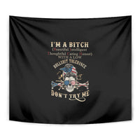 Black wall tapestry with skull illustration and DONT TRY ME text, detailed view