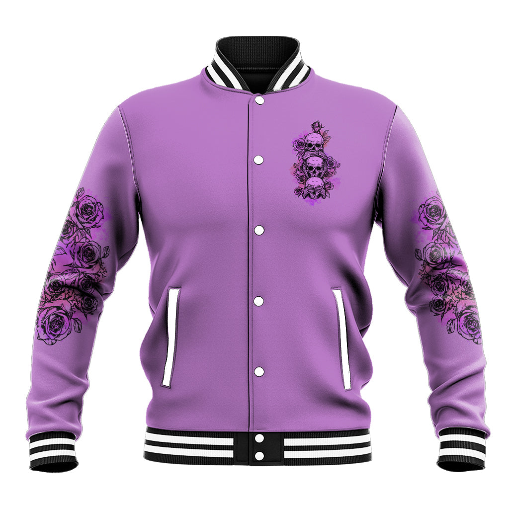 Purple unisex baseball varsity jacket, button front, striped trim, rose sleeve graphics
