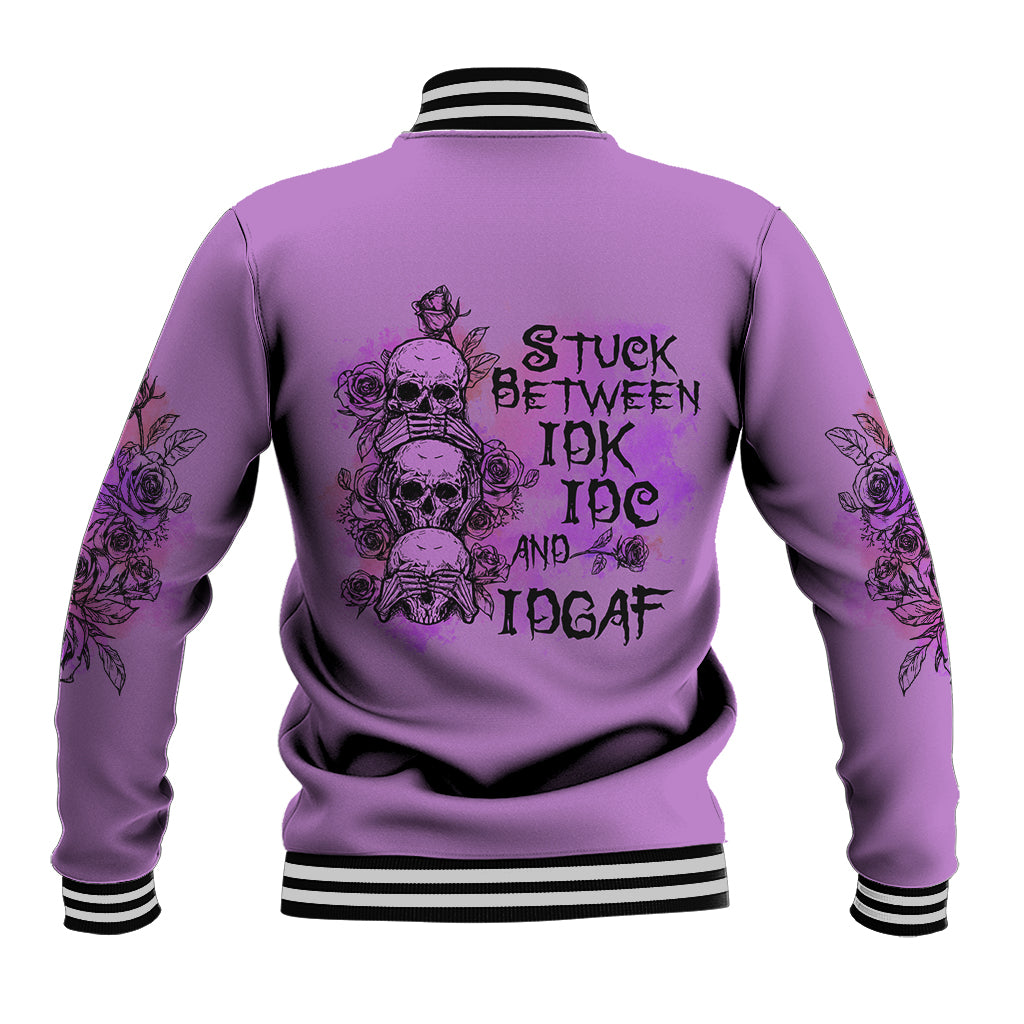 Purple unisex varsity jacket back with skull rose graphic, ribbed striped collar and hem