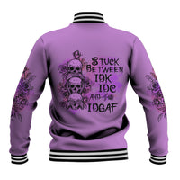 Purple unisex varsity jacket back with skull rose graphic, ribbed striped collar and hem