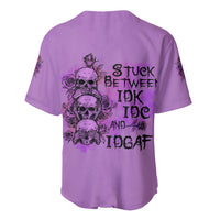 Purple baseball jersey back with large skull graphic and layered 'Stuck between' text