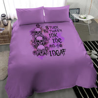 Purple duvet cover bedding set with central skull character graphic and bold text, two pillows
