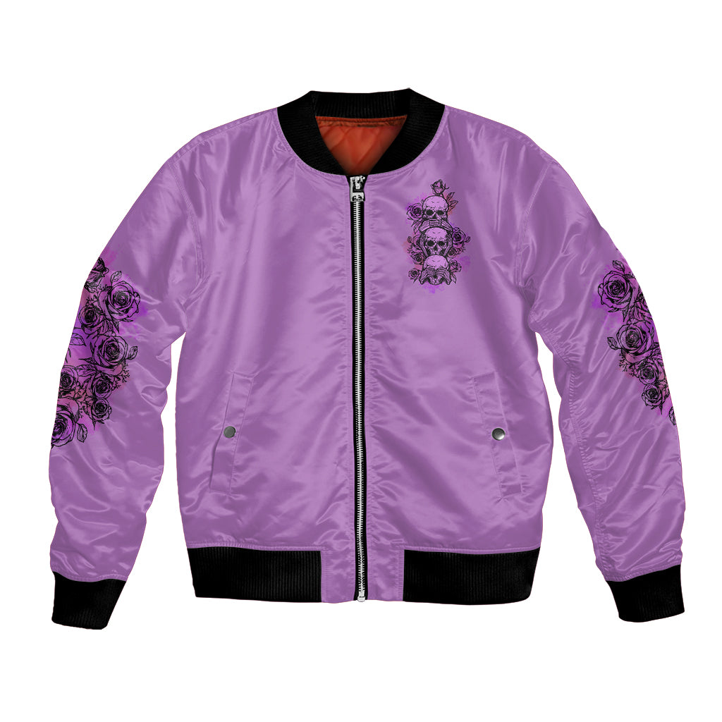 Purple bomber jacket with front zip and skull-rose graphic, ribbed cuffs and hem