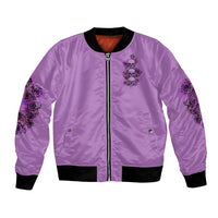 Purple bomber jacket with front zip and skull-rose graphic, ribbed cuffs and hem