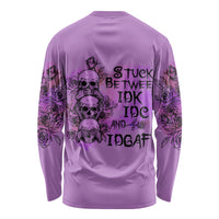 Unisex long sleeve shirt in purple with black rose skull graphic and back text