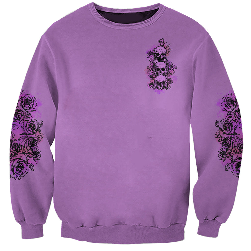 Purple unisex sweatshirt with front skull-and-rose graphic, long sleeves