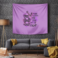 Lavender wall tapestry featuring a skull-and-roses graphic with stacked slogan text