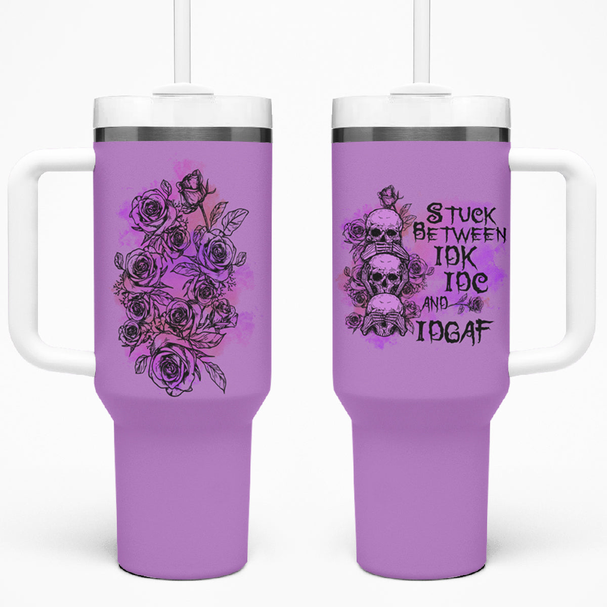 Stuck Between Idk Idc And Idgaf Tumbler With Handle - Wonder Print Shop