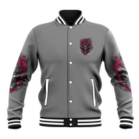 Gray front button varsity jacket with small heart skull graphic, striped ribbed trim