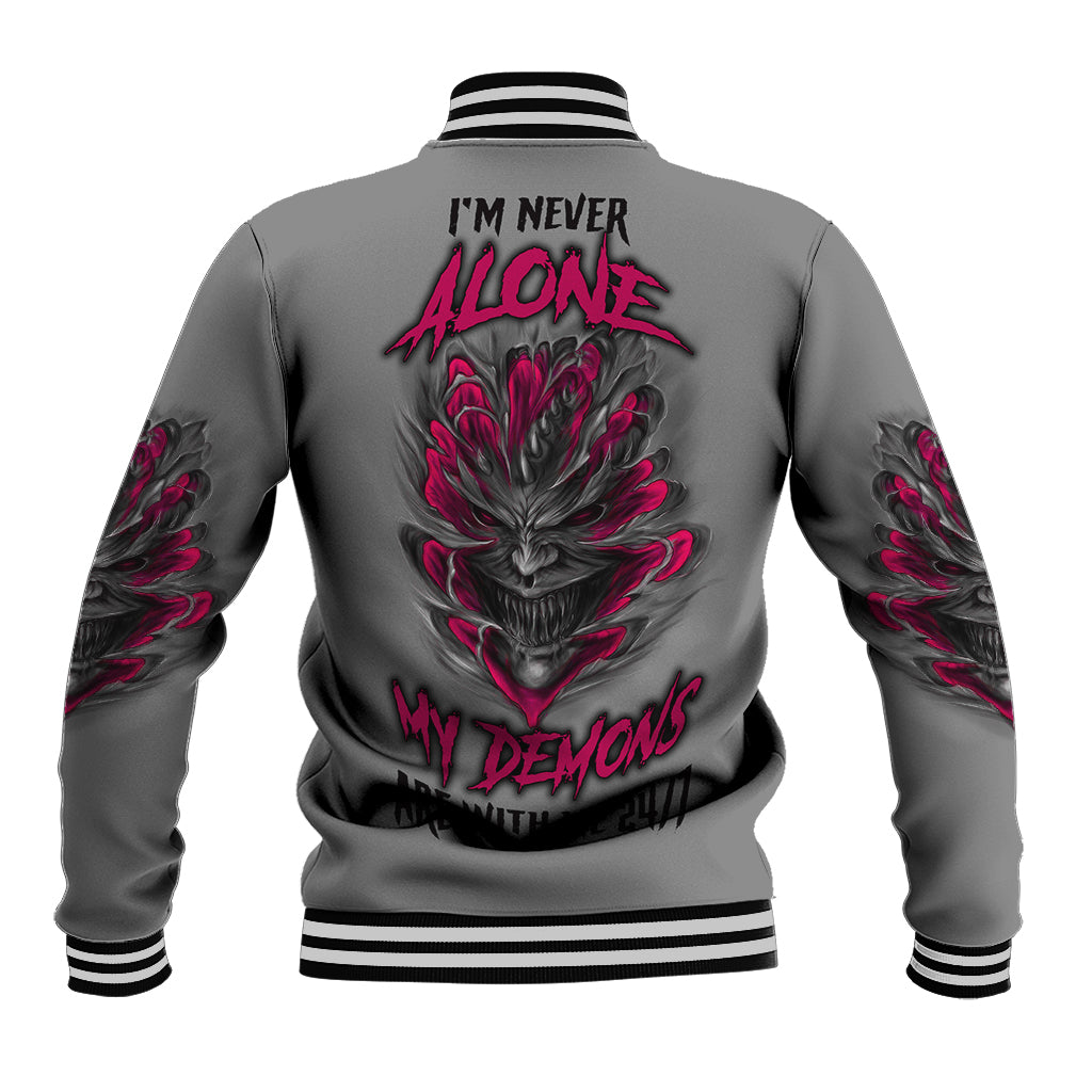 Gray baseball jacket with back skull demon graphic, red/pink flames, striped ribbed collar