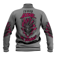 Gray baseball jacket with back skull demon graphic, red/pink flames, striped ribbed collar
