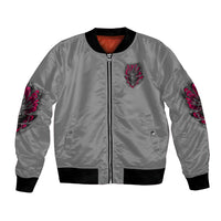 Gray satin bomber jacket with front zipper, red lining, and chest skull demon emblem