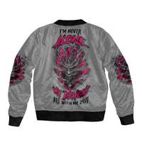 Gray satin bomber jacket with ribbed collar and bold back skull demon graphic in pink