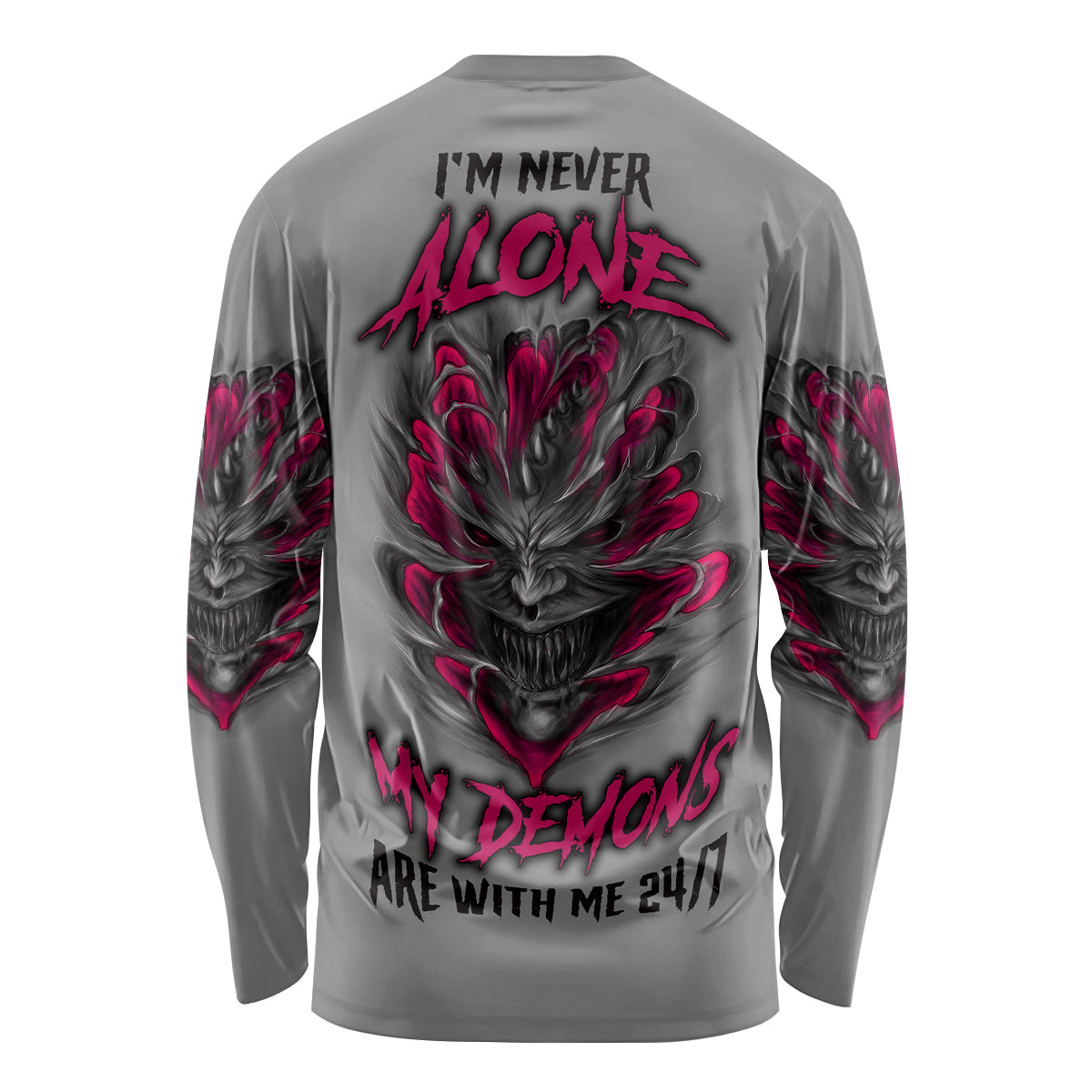 Dark gray long sleeve shirt with pink/red demon skull graphic and back text